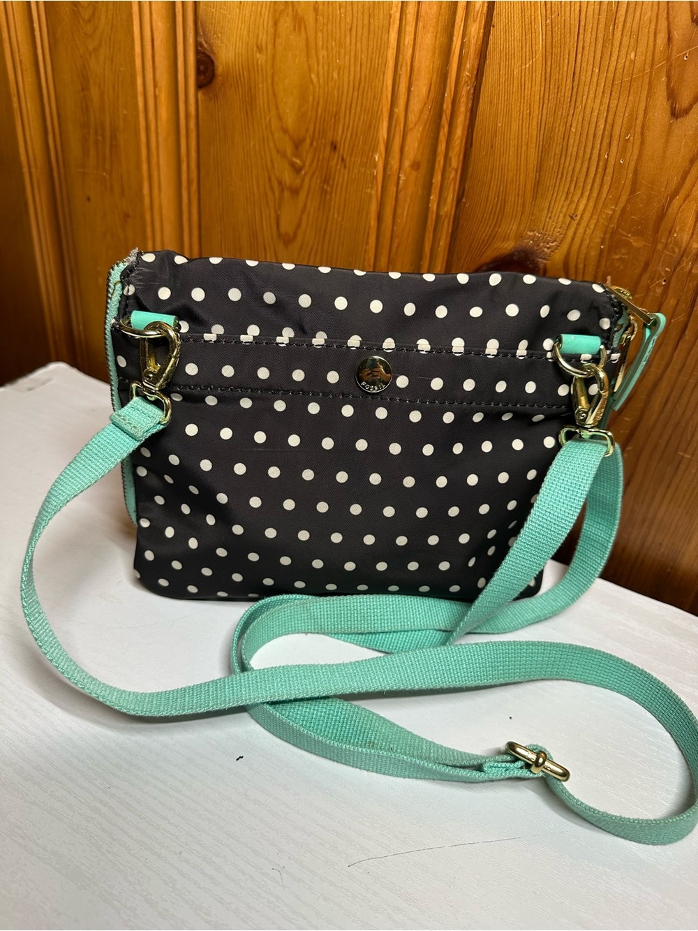 Fossil Black and Mint Polka Dot Crossbody Bag